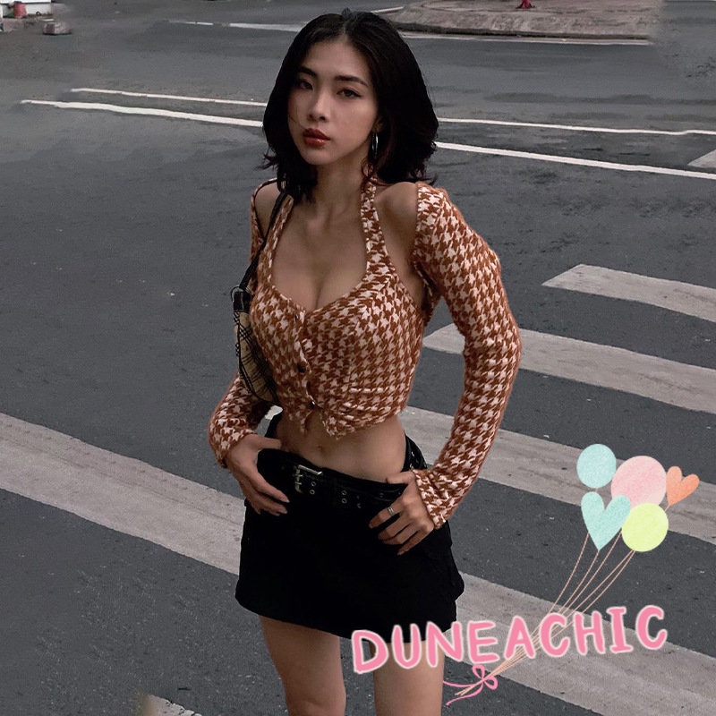 Áo Croptop Dài Tay Họa Tiết Ca Rô Ca Rô Thời Trang Dành Cho Nữ