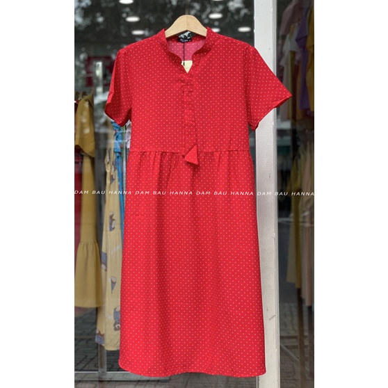 [HANNA] Đầm bầu công sở vải mát mùa hè không nhăn co dãn nhẹ thấm mồ hôi tốt free size 40-70kg dài tới gối có 2 túi bên