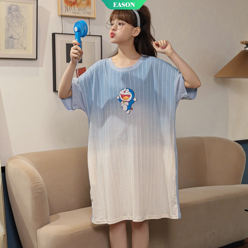 Đầm Ngủ Ngắn Tay In Hình Doraemon 3D Màu Xanh Dương Thời Trang Mùa Hè Cho Nữ 3XL