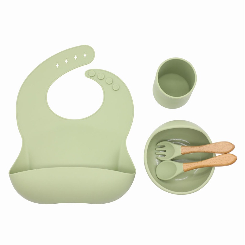 Bộ 5 Dụng Cụ Tập Ăn Gồm Bát / Muỗng / Nĩa Bằng Silicone Có Giác Hút Dành Cho Bé