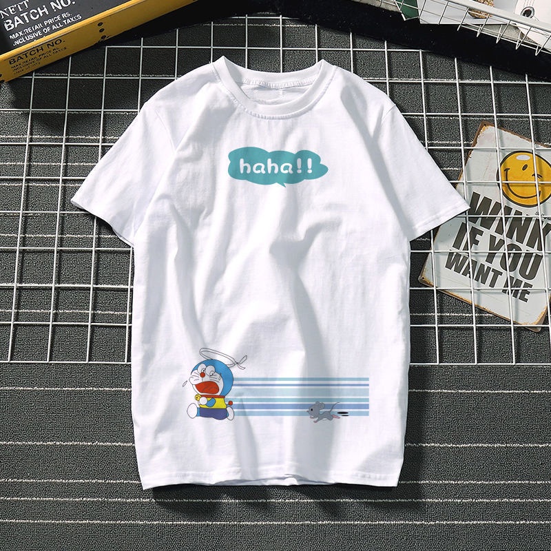 Áo thun tay ngắn cổ tròn dáng rộng họa tiết Doraemon hoạt hình đáng yêu dễ phối đồ dành cho học sinh nam và nữ
