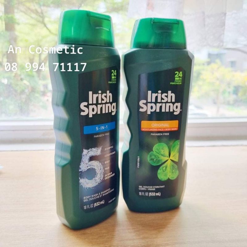 Sữa tắm gội nam Irish Spring 5 in 1 / Sữa tắm Mỹ đa năng gội xả rửa mặt cho nam