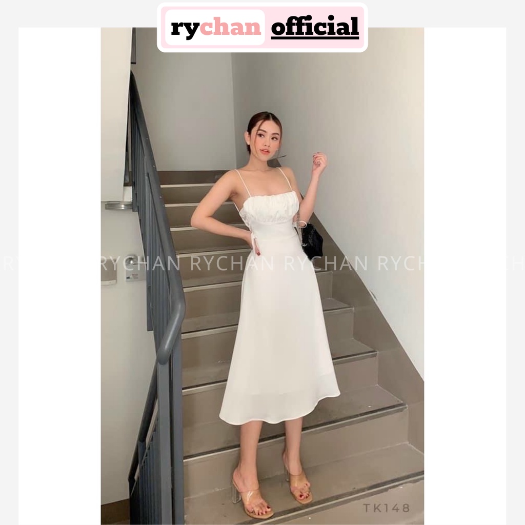 Đầm Maxi 2 Dây Đi Biển (Sẵn Mút Ngực) Đan Eo, Đầm Cúp Ngực Hai Dây Màu Trắng Đen - DX0039