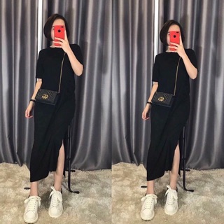 Đầm midi xẻ cạnh thun dư