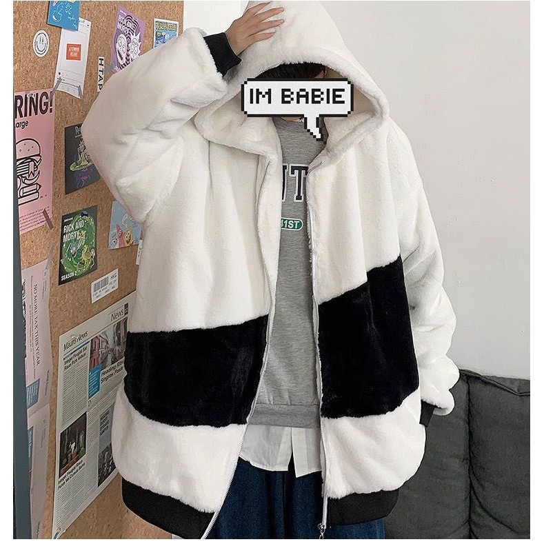 Áo Khoác Lông Cừu Có Mũ Trùm Dáng Rộng Phối Khóa Kéo Thời Trang Mùa Đông Hàn Quốc Dành Cho Nam