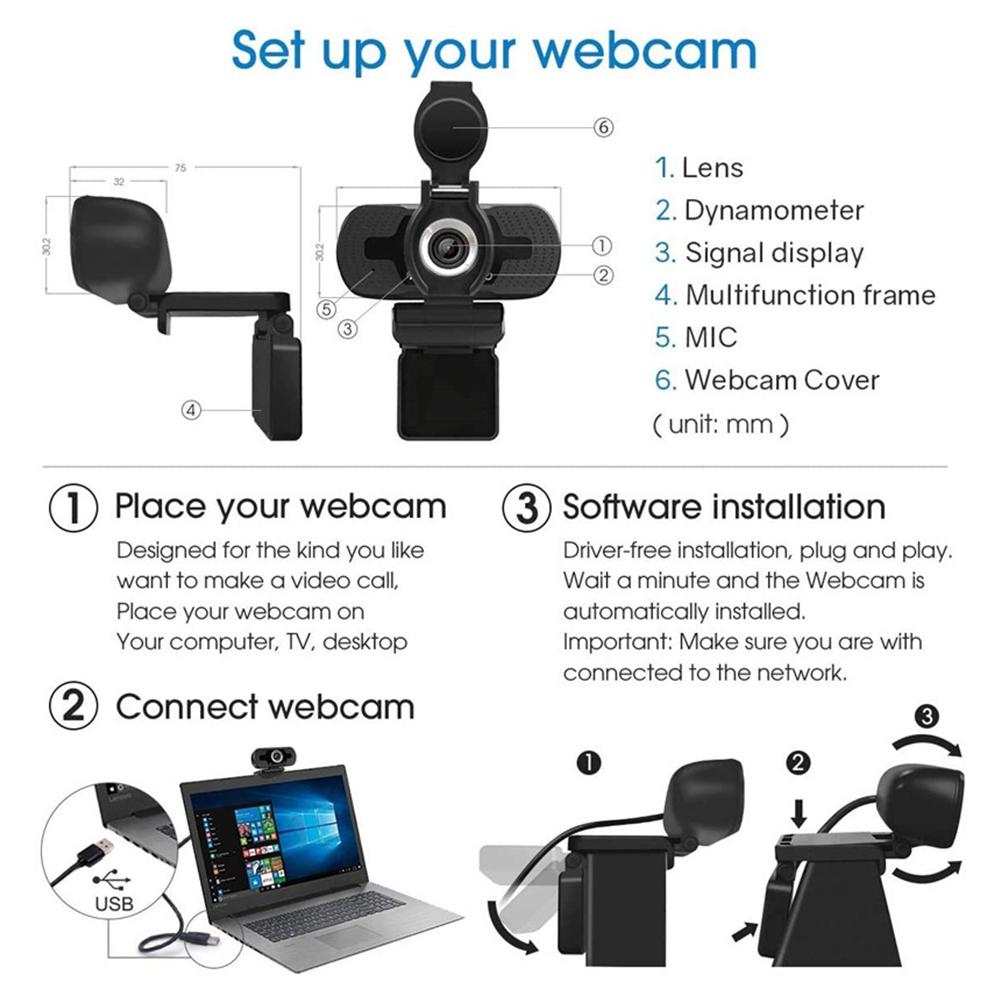 TZ Máy ảnh máy tính USB HD 1080p không có ổ đĩa với nắp che bụi ống kính | BigBuy360 - bigbuy360.vn