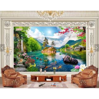 Tranh 3D dán phòng khách phong cảnh thiên nhiên