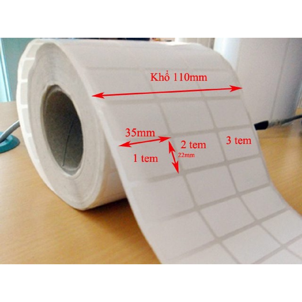 IN MỰC _ Giấy in tem khổ 35x22 mm, 3 temhàng, cuộn 50m, khổ 110mm, in mực