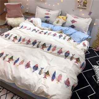 Bộ Drap Giường Chần Bông Fish Cute Cotton M6*2M-M8*2M(1 Chăn Phao, 1 Ga, 2 Vỏ Gối Đầu, 1 Vỏ Gối Ôm)