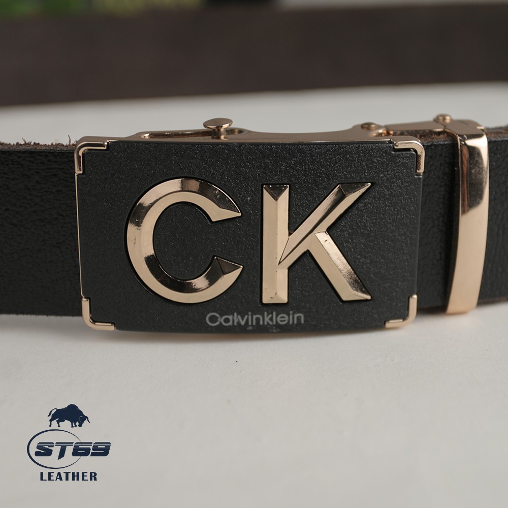 Thắt lưng da 💎SALE💎 dây lưng nam chất liệu da bò thật cao cấp khóa trượt bản lớn họa tiết CK trẻ chung ST69 leather