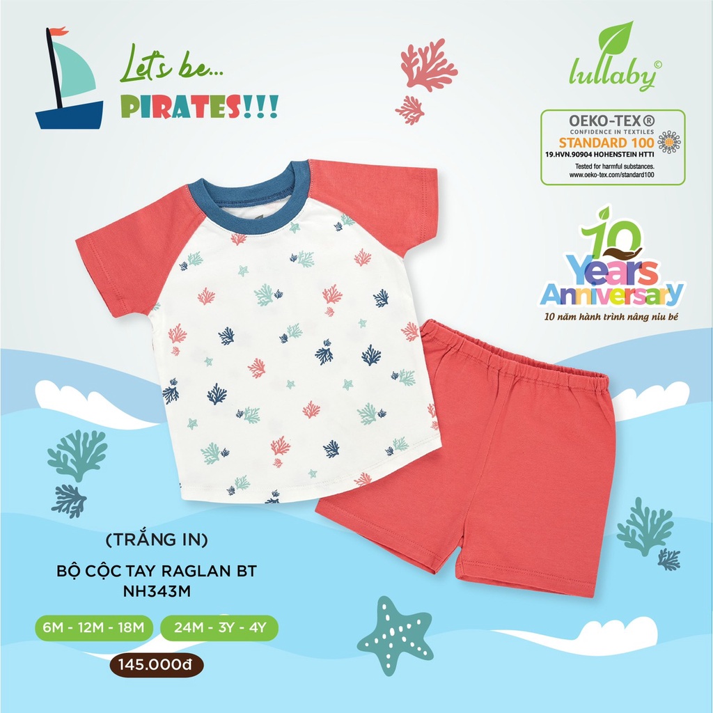 Bộ cộc tay raglan họa tiết bé trai cotton cao cấp an toàn cho bé lullaby chính hãng
