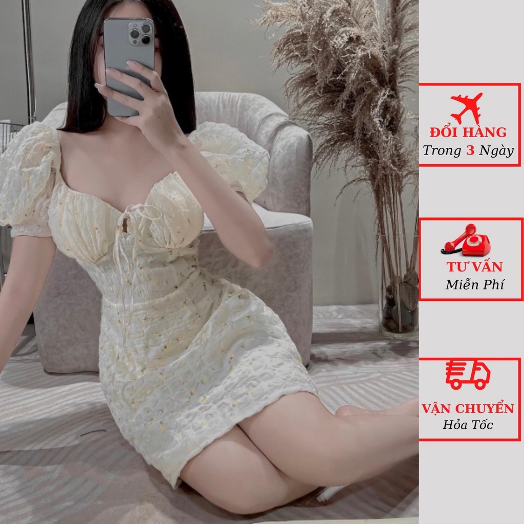 Váy hoa nhí nữ cúp ngực tay bồng dáng ngắn ôm body tiểu thư bánh bèo đi biển du lịch ulzzang Hàn Quốc