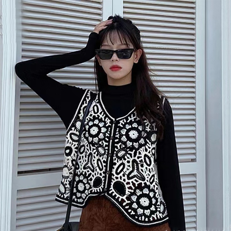 Áo Cardigan Dệt Kim Cổ Chữ V Không Tay Họa Tiết Hoa Phong Cách Pháp Cho Nữ