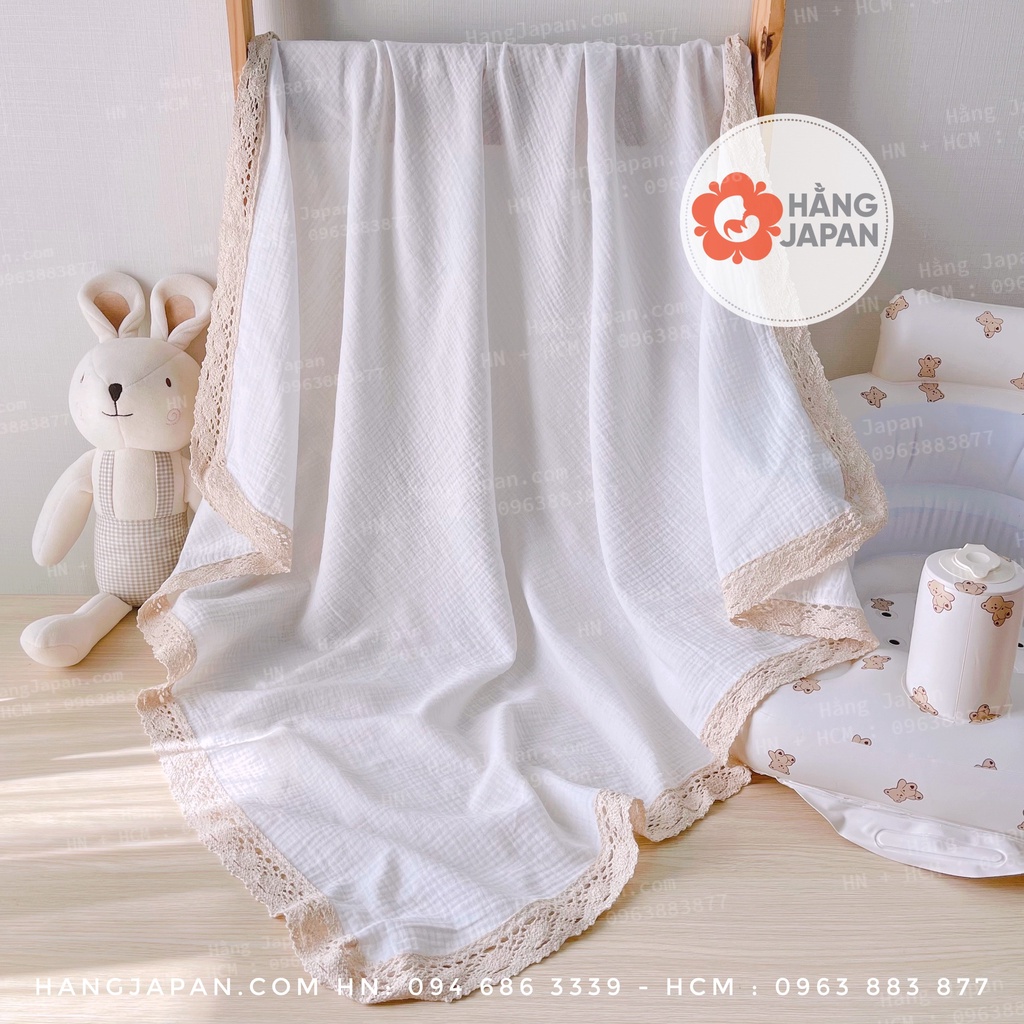 Chăn xô thêu viền ren chất liệu sợi muslim siêu đẹp cho bé kích thước 1.2*1.2m