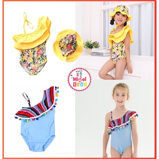 Đồ bơi bé gái hoa vàng  lệch vai kèm mũ/xanh vai thổ cẩm bèo cực đẹp mẫu mới 2022 từ 1-7T (10-27kg) - Misolkids huong274