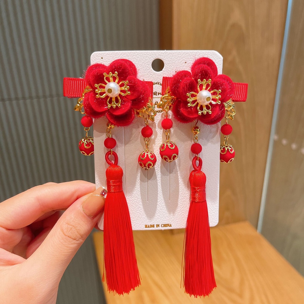 Kẹp tóc trang trí nơ hoa đính tua rua phong cách Trung Hoa xinh xắn dành cho bé gái