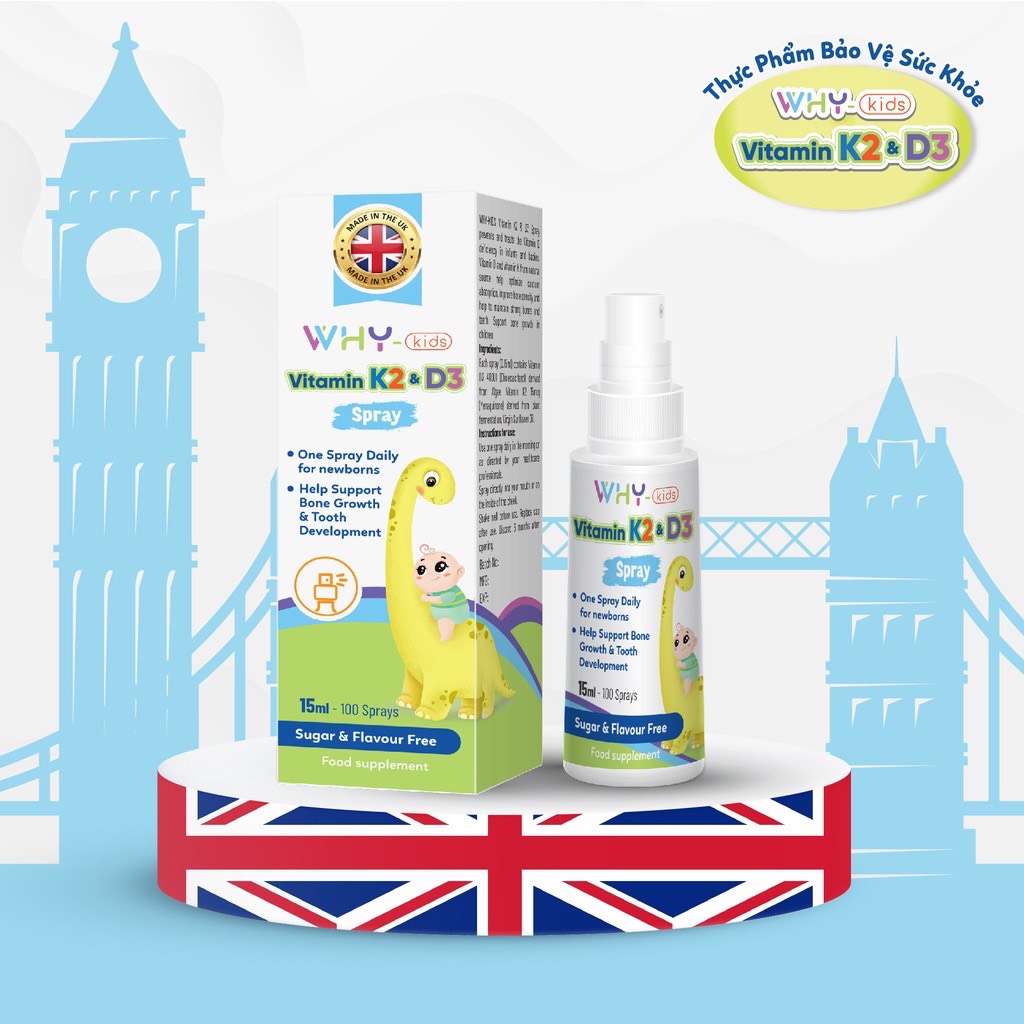 WHY-Kids Vitamin D3K2 MK7 chai xịt 15ml tiện lợi bán chạy số 1 Anh Quốc