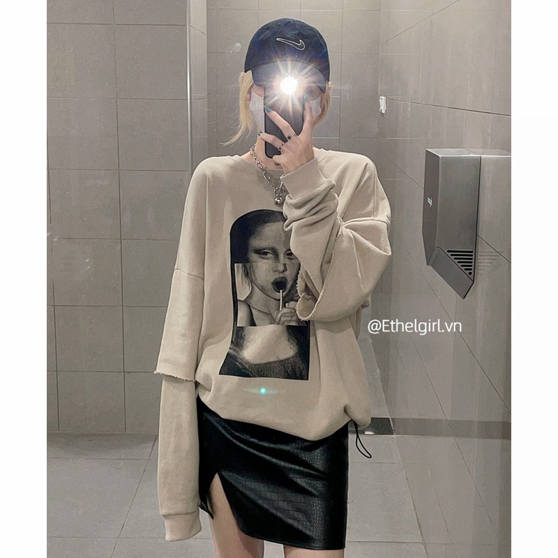 Áo thun nữ dáng rộng tay dài in hình đơn giản thời trang Hàn Quốc