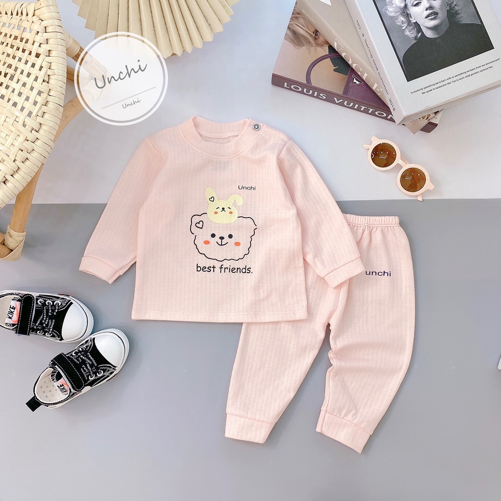 Bộ dài tay Unchi chất nỉ xốp  mềm họa tiết gấu thỏ cho bé