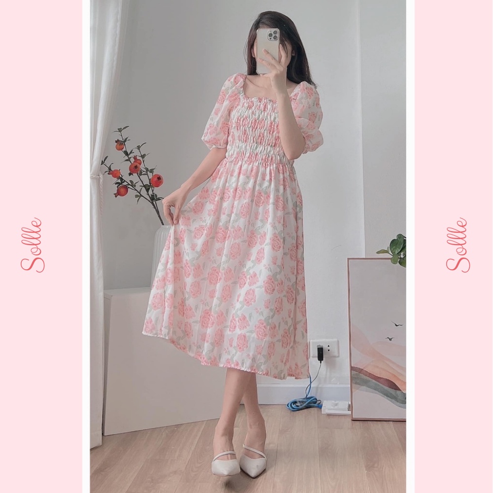 Đầm váy babydoll hoa hồng chun ngực tay bồng mặc 2 kiểu trễ vai cổ vuông Hàn Quốc Sollle
