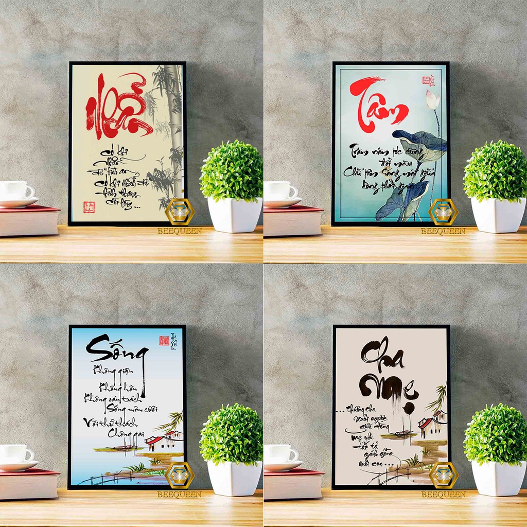 Tranh Thư Pháp Nhỏ Để Bàn Có Khung Nổi Tuyệt Đẹp - Kích Thước 15x21cm - Chất Liệu Chống Nước - Tặng Kèm Chân Đế Tự Gắn