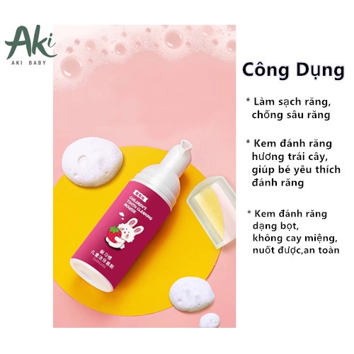 Akibaby- Kem đánh răng tạo bọt cho trẻ em 1-12 tuổi nuốt được hương trái cây chống sâu răng