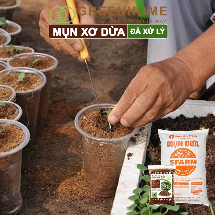 Mụn xơ dừa đã qua xử lý sfarm Greenhome, bao 1kg, chuyên trồng rau, hoa màu, dâu tây, cây ăn trái, thủy canh