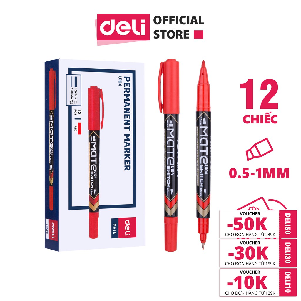 Bút dạ kính 2 đầu Deli - không xóa được, mực vĩnh cửu - Mực Đen/Xanh/Đỏ - 12 cây/hộp - EU10420 / EU10430 / EU10440