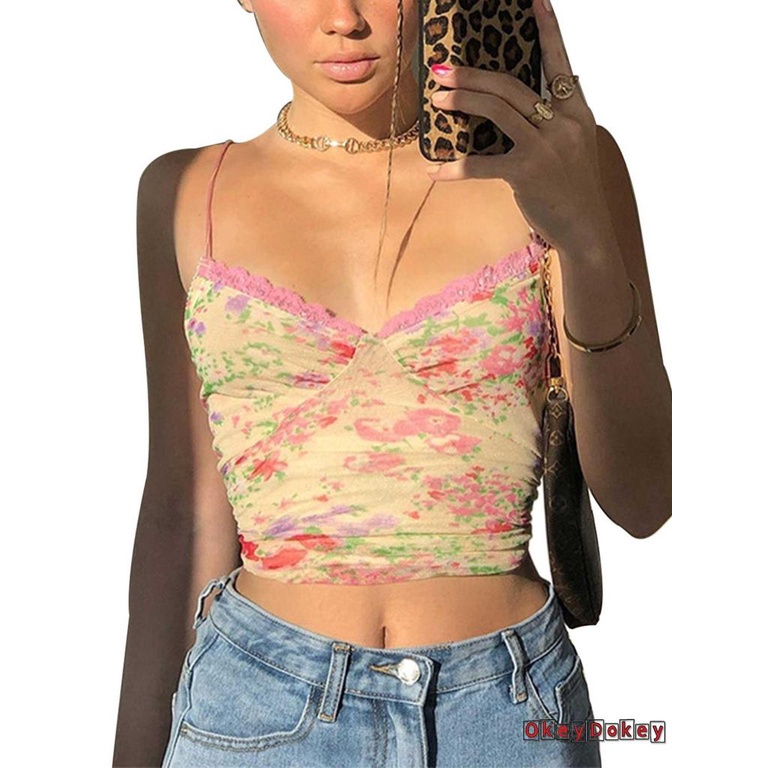 Áo hai dây cổ chữ V phối ren hoa thời trang quyến rũ cho nữ