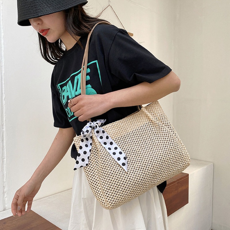 Túi cói xách tay sức chứa lớn thắt dây ruy băng lụa phong cách vintage thời trang dành cho nữ