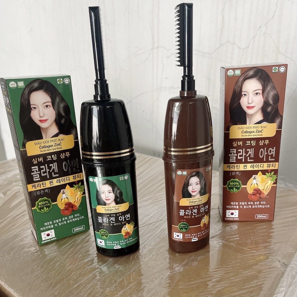 Dầu Gội Phủ Bạc Collagen ZinC - Lược Nhuộm Tóc - Dầu Gội Nhuộm Tóc Thảo Dược , Phủ Bạc Sau 1 Lần Gội 2 Màu Nâu Đen