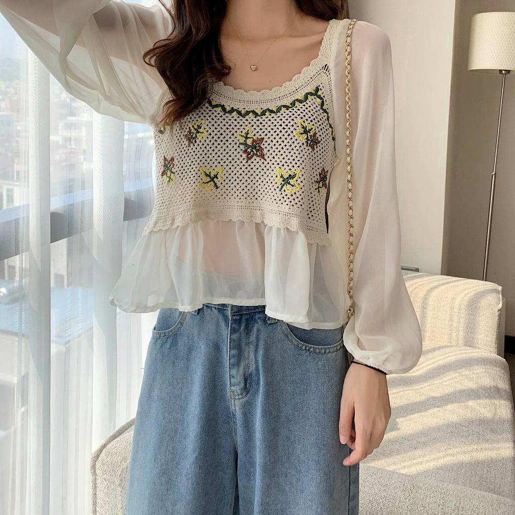 Áo chiffon SUXI tay dài phối màu thời trang cao cấp cho nữ