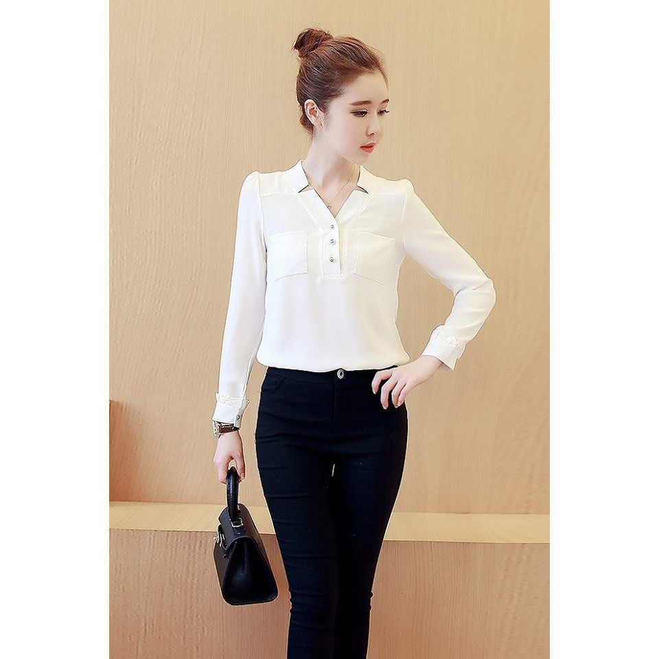 ÁO SƠ MI NỮ kiểu CÔNG SỞ CỔ V CÀI NÚT 2 TÚI. | BigBuy360 - bigbuy360.vn