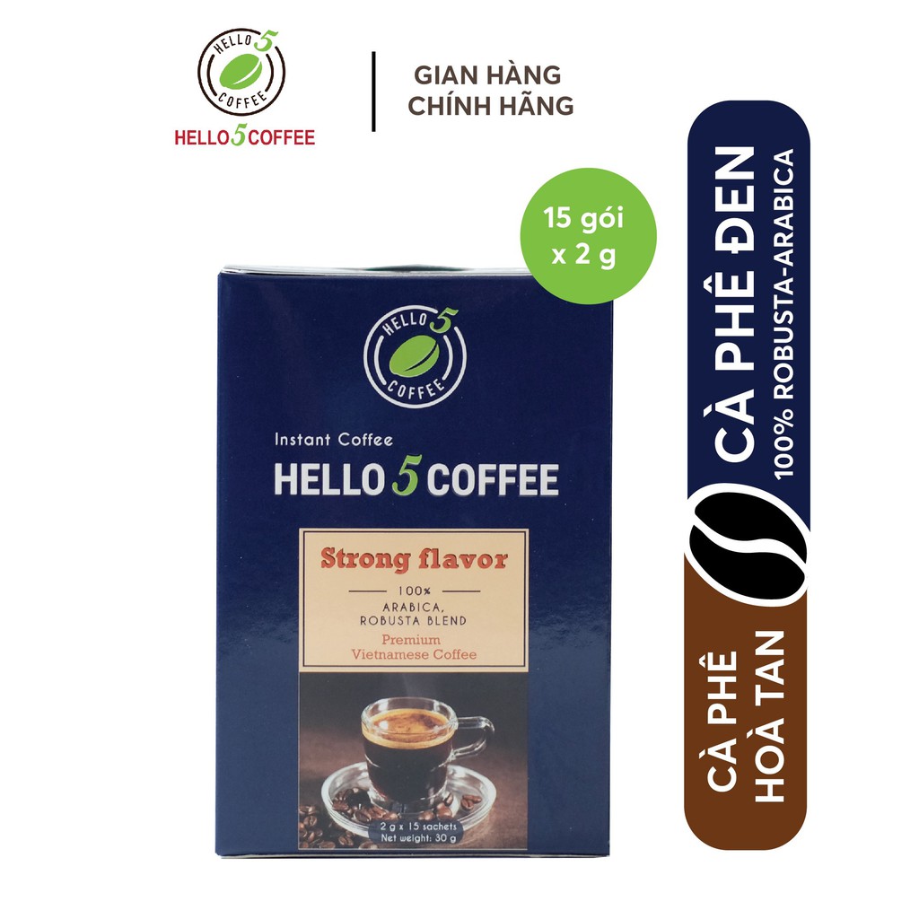 Cafe Đen Hòa Tan Nguyên Chất Hello 5 Coffee - Hộp 15 gói x 2g