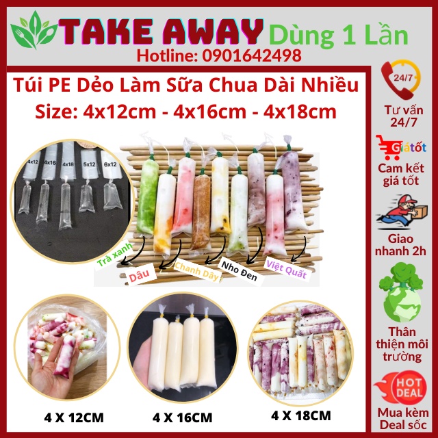 500gr Túi Đựng Sữa Chua Dài, 4x12cm - 4x16cm - 4x18cm Loại Dày, Dẻo Dai - Take Away Dùng 1 Lần