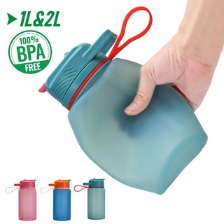 Bình nước thể thao 1l / 2l bằng silicone thiết kế gấp gọn tiện dụng