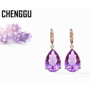 Khuyên tai dạng kẹp đính đá tím 18k hình giọt nước thanh lịch thời trang cho nữ