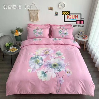 Bộ chăn ga gối 4 món cotton 100% hàn - organic - living chùm hoa mộc lan hồng