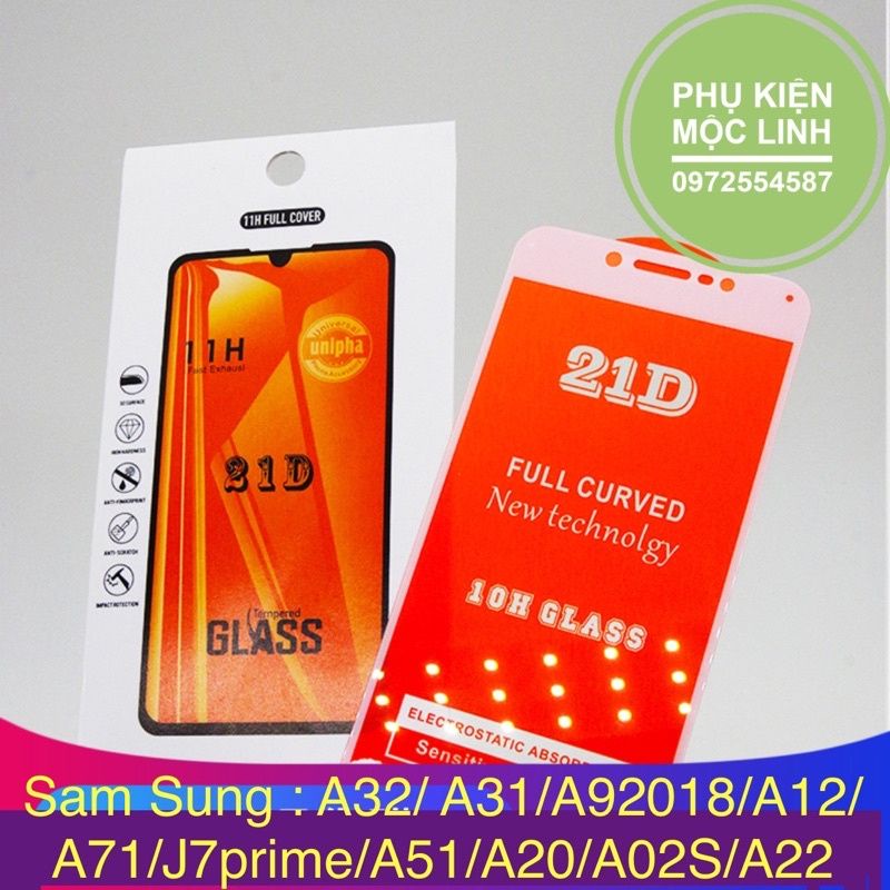 Kính Samsung Full Màn 21D - A12 / A22 / A02S / A20 / A51 / A71 / A31 / A32 / A9 2018 / J7 Prime [ Tặng Kèm Giấy Lau ]