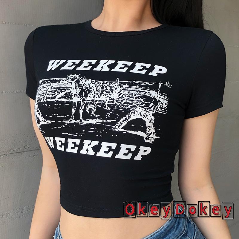 OKDK-Áo Thun Ngắn Tay Cổ Tròn In Họa Tiết Xinh Xắn Dành Cho Nữ