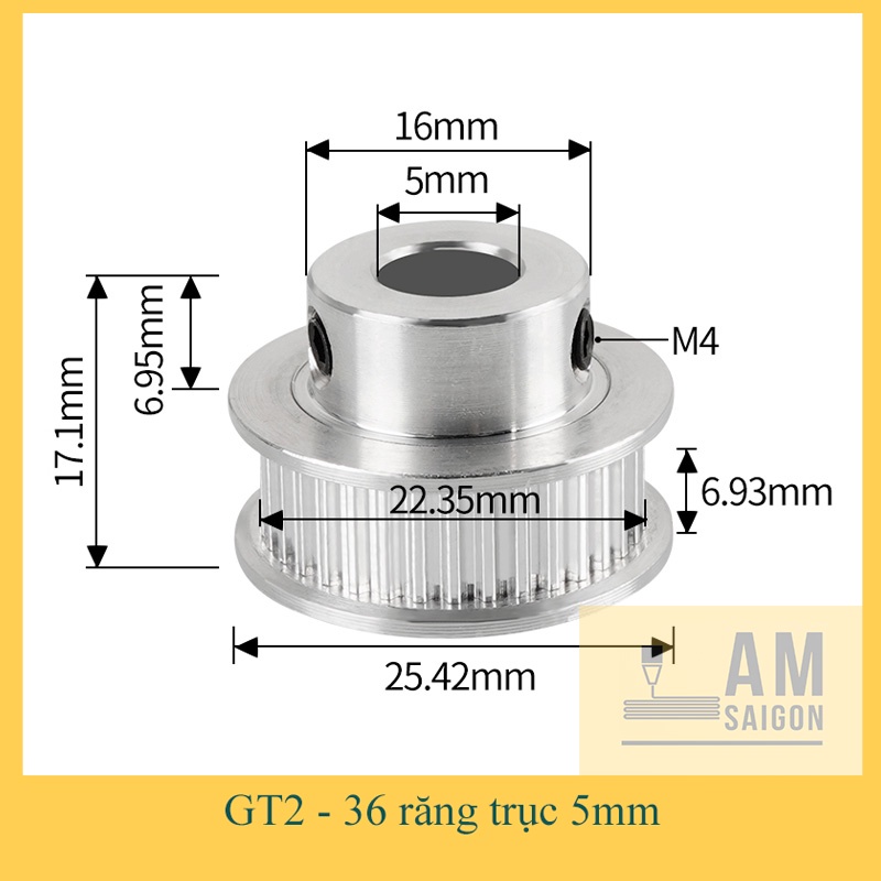 Pulley GT2 , Pully GT2 bảng 6,10mm - 20,36,40,48,60 răng - trục 5, 6.35, 8, 10mm