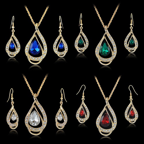 Bộ dây chuyền + hoa tai đính đá pha lê hình giọt nước màu vàng thời trang dự tiệc cho nữ