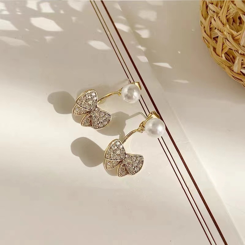 Bông Tai Mạ Bạc 925 Hình Nơ Đính Đá Ngọc Trai Giả Phong Cách Thời Trang Hàn Quốc