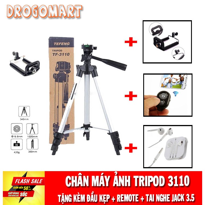 ( FREESHIP 99K ) Bộ Tripod TF-3110 Chân máy ảnh tặng đầu kẹp, điều khiển chụp ảnh từ xa và tai nghe jack 3.5