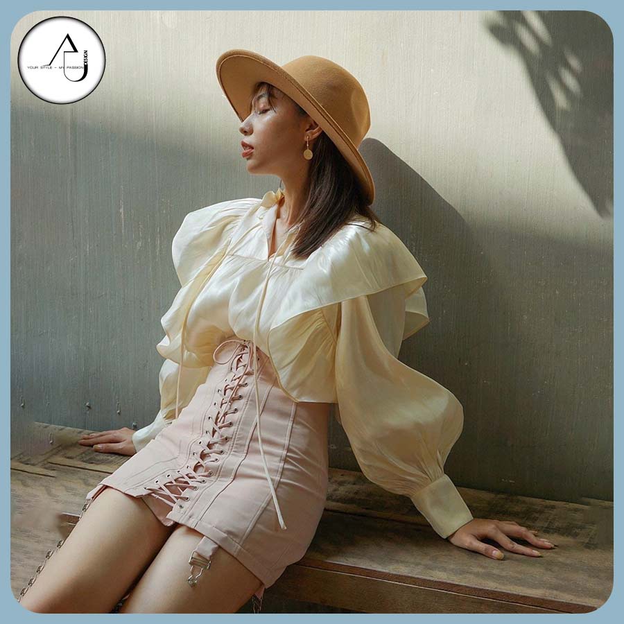 Áo Sơ Mi Kiểu AU.DESIGN Tay Phồng Chất Liệu Tơ Form Rộng Nhẹ Nhàng Nữ Tính Màu Vàng Freesize