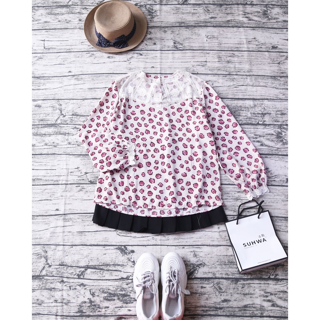 ÁO HỌA TIẾT CỔ PHỐI REN TAY BỒNG