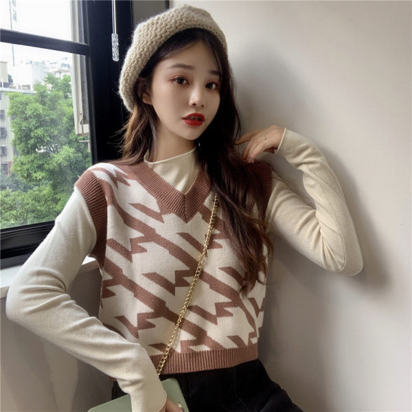 Áo gile nữ dệt kim tay cộc cổ V thời trang phong cách Hàn Quốc | BigBuy360 - bigbuy360.vn