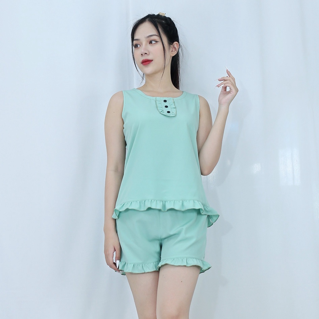 [HÌNH THẬT 100%]  Bộ đồ bộ ngắn  SÁT NÁCH BÈO XANH ĐẬU NÚT ĐEN  - vải lụa ao cấp  - Mềm mại nhẹ