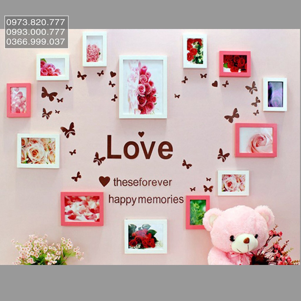 Bộ 12 khung hình  trang trí trái tim Ka024 (Trắng hoặc đen) + Tặng Decal LOVE , giá đỡ điện thoại hình gấu tiện lợi