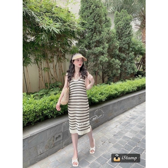 Váy suông len sợi kẻ ngang sát nách hàng hot - bigsize mặc được